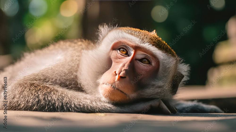 close up of a macaque, Close up shot of lying relaxed monkey watching careful