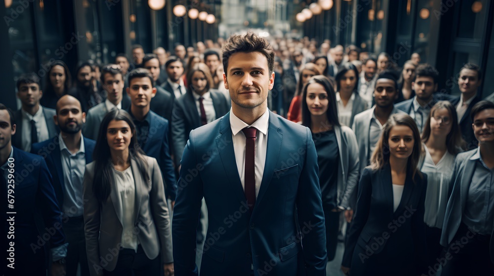 A confident businessman in a suit exudes strong leadership qualities, standing out as a leader with a powerful business person and an aura of authority.