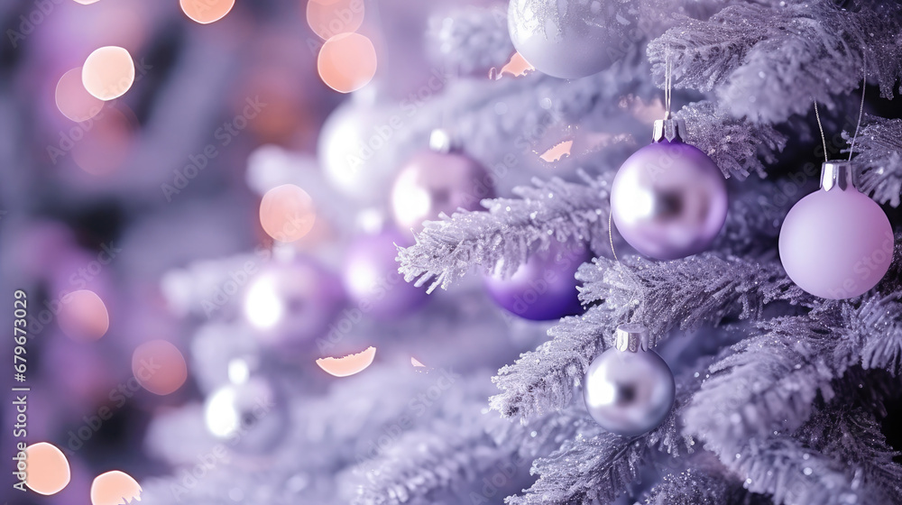 Decorated Christmas tree on purple blurred background., christmas tree decorations. Close up of balls on christmas tree. Bokeh garlands in the background. New Year concept.
