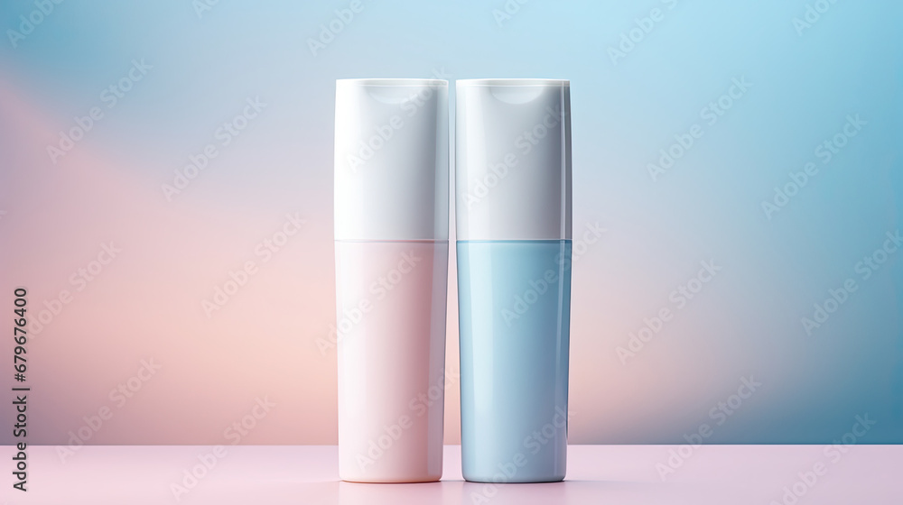 pink and blue cosmetics packaging container for skincare, fragrance or toiletry industries on pastel background. Beauty product mock-up.