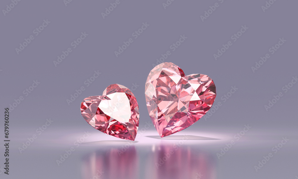 Abstract pink heart shape diamond gem placed on glossy background 3d rendering