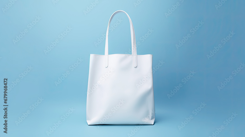 white paper bag on blue background, white blank tote bag mock up design