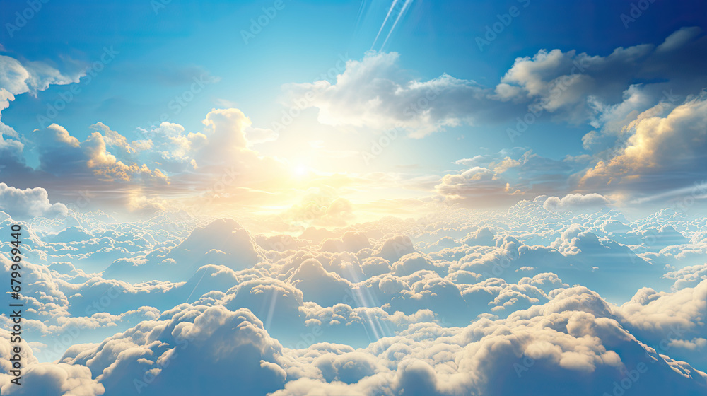 blue sky with clouds and sun, Sun light shining brightly on blue sky above thick layer of white fluffy clouds ,