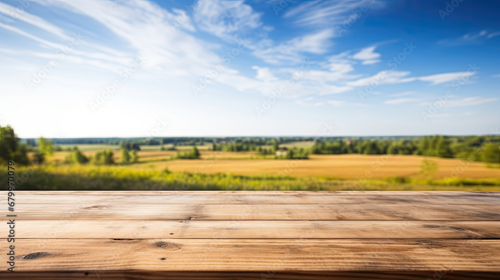  empty wooden brown table top with blur background of farmland and blue sky.