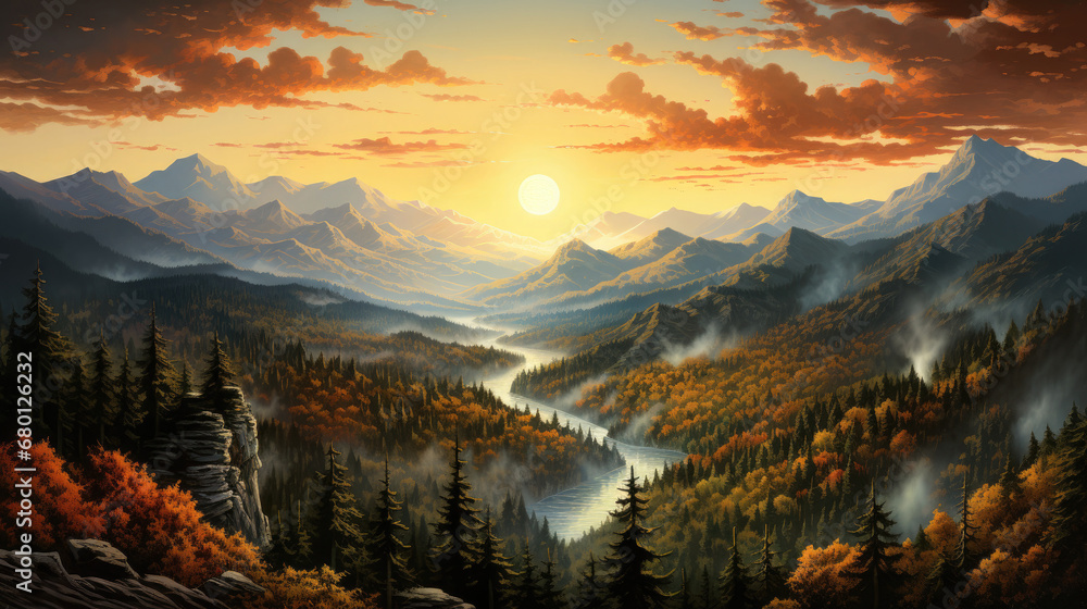 sunset in river the mountains, smoky mountains with forest  and clouds, mountains fog. nature  Vector illustration