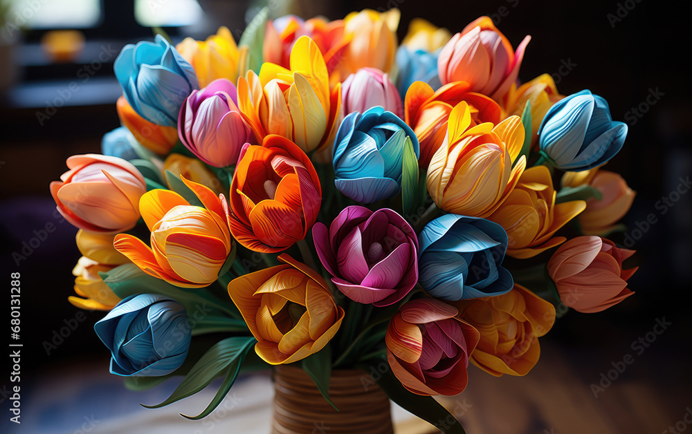 a bouquet of tulips on vase on black background