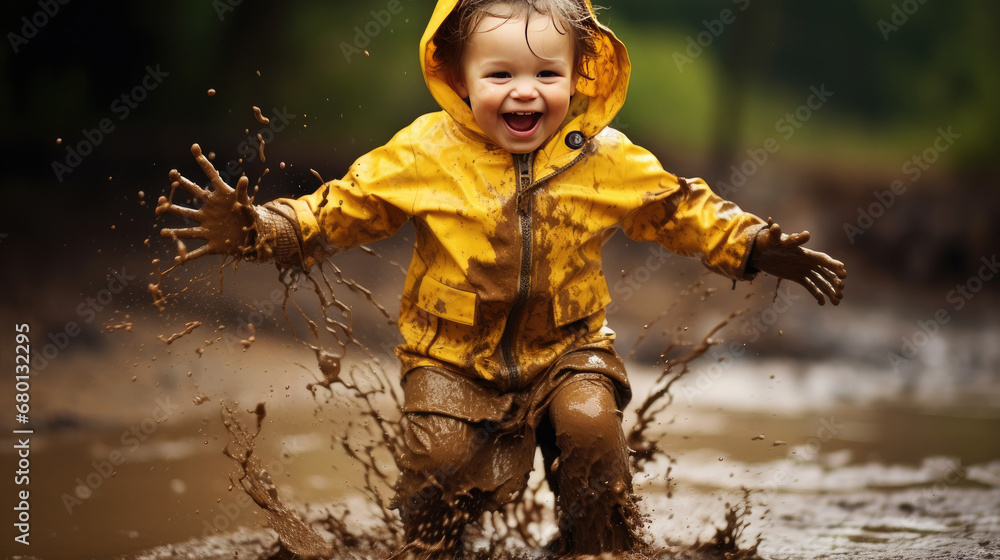 Happy little boy jumps in a puddle with rubber boots cute toddler jumping in a mud puddle.