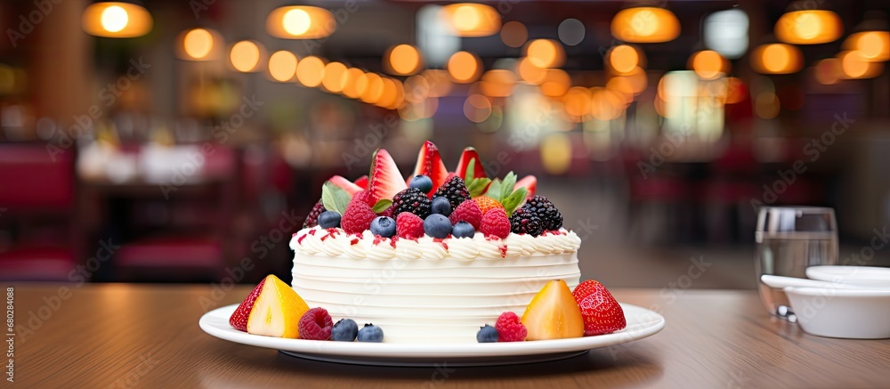 At the colorful birthday party, a white chocolate cake with fruit was placed on the table, adding a vibrant burst of color to the celebration at the restaurant. The plate was filled with delicious