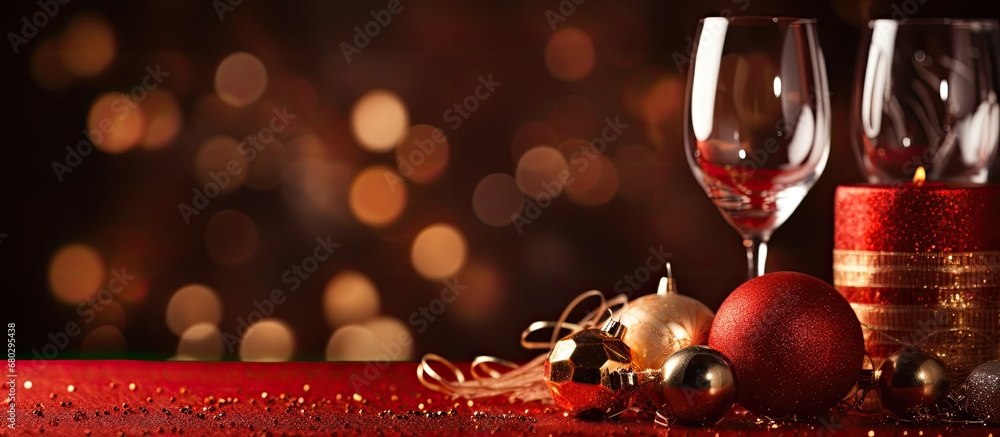 During the winter holiday party, the festive table was beautifully adorned with a red tablecloth, where the glowing background of twinkling Christmas lights, accompanied by the aroma of delicious food