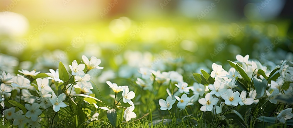 In the background of a beautiful garden, white floral beauty blooms among the green grass and vibrant leaves, giving a touch of natures splendor during the summer and spring seasons.
