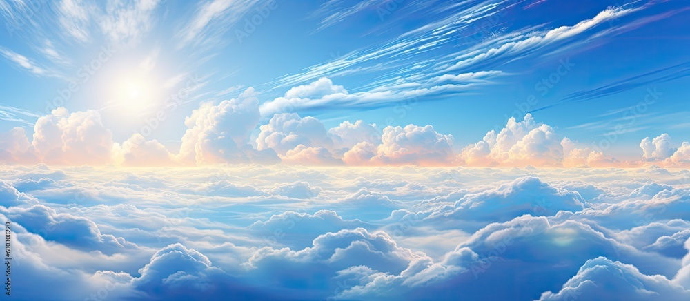 As the abstract patterns of clouds filled the summer sky, the traveler marveled at the breathtaking landscape painted with vibrant colors of blue and white, accentuated by the golden sunlight