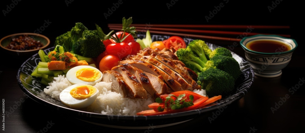 In Japan, a plate of Asian cuisine is served with a variety of vibrant colors - white rice, green vegetables, and black soy sauce accompanying succulent chicken and marinated meat, creating a
