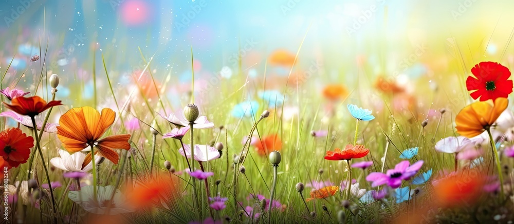 In a beautiful spring garden, the vivid colors of nature create an enchanting backdrop. The abstract patterns and textures of the grassy field and blooming plants form a mesmerizing design, perfect