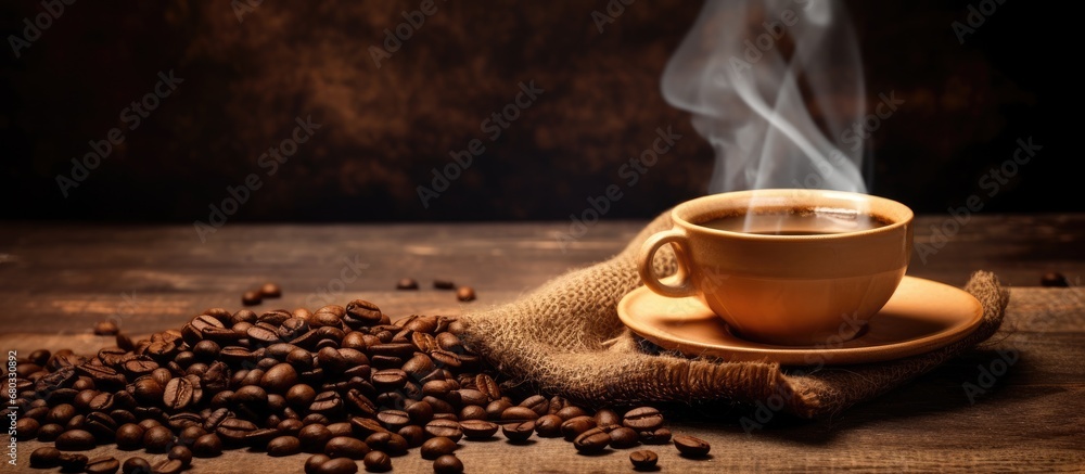 background, there was a wooden table with a textured surface, adorned with a steaming cup of espresso made from naturally roasted coffee beans, emanating an irresistible aroma. The rich grain of the