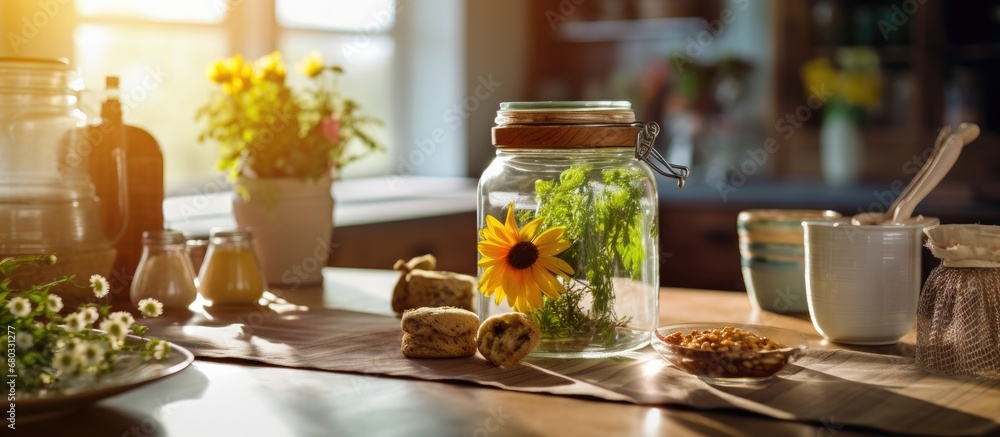 vintage kitchen, an old glass jar with tea leaves sat beside a delicate flower vase, while a textured table displayed healthy food prepared with expert cooking skills, reflecting the plant-filled