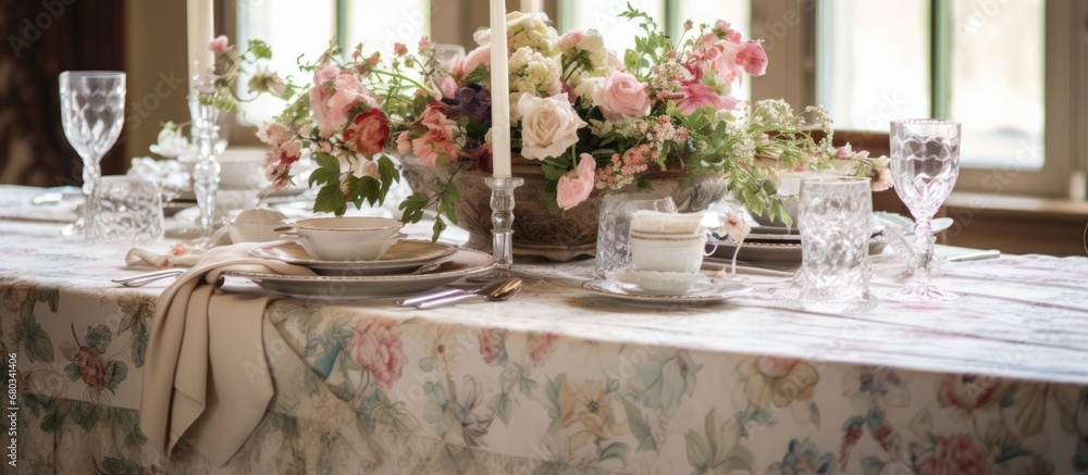 At the vintage house, a floral design tablecloth with intricate patterns of flowers and leaves adorned the table, creating a beautiful and luxurious ambiance for the wedding. The interior was filled