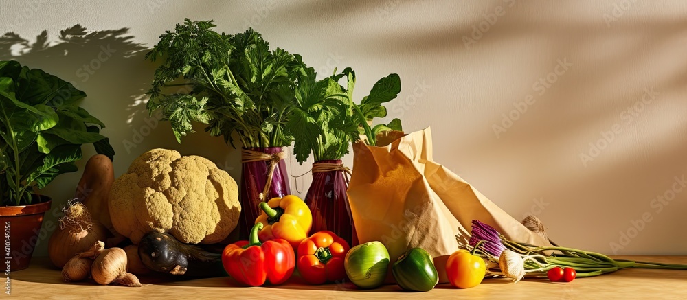 In the kitchen, a colorful and healthy bag of organic vegetables sat on the wooden counter, its vibrant textures bringing life to the neutral backgrounds of the room, while a plant cast a playful