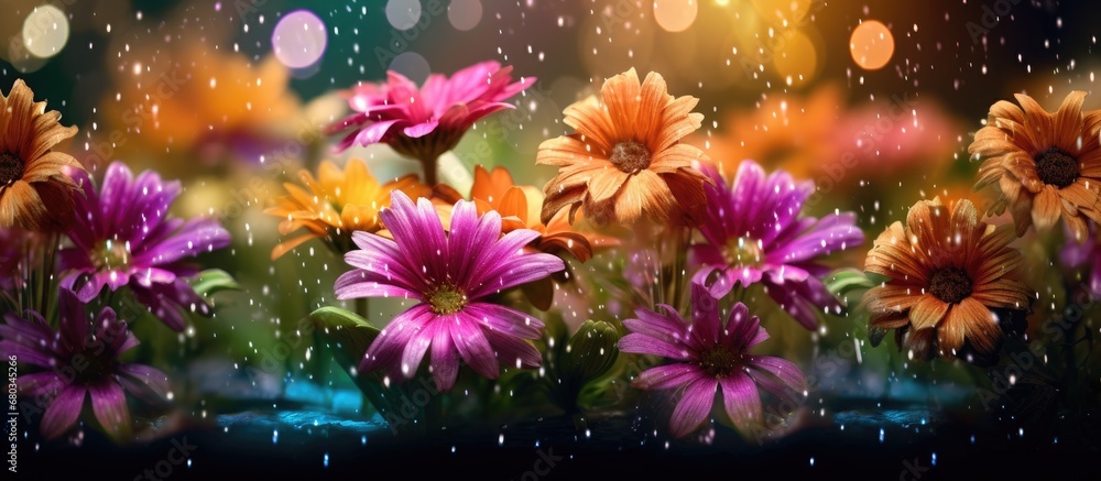 background, colorful flowers danced gentle breeze, as water droplets sparkled on their petals midst of natures vibrant spring. The leaves of the floral beauties adorned the garden with lush greenery
