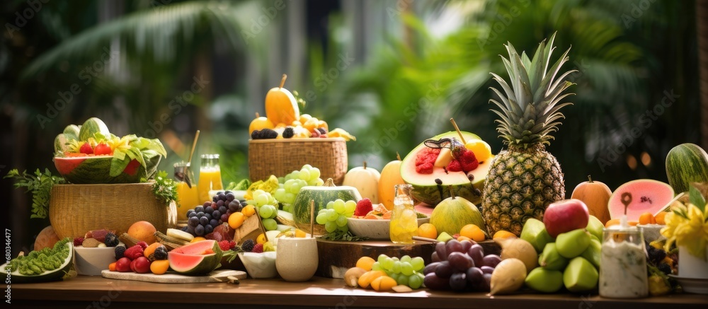 In the heart of Citys tropical paradise, a white table adorned with an array of vibrant fruits, yellow in hue, showcased the bountiful harvest from the green trees that thrived amidst the natural