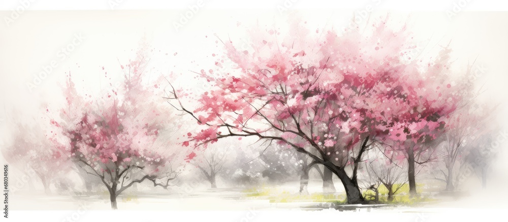 In a serene Japanese garden, an isolated white background highlights a pink watercolor cherry blossom tree, as young pink petals flutter in the spring breeze, creating a whimsical floral scene