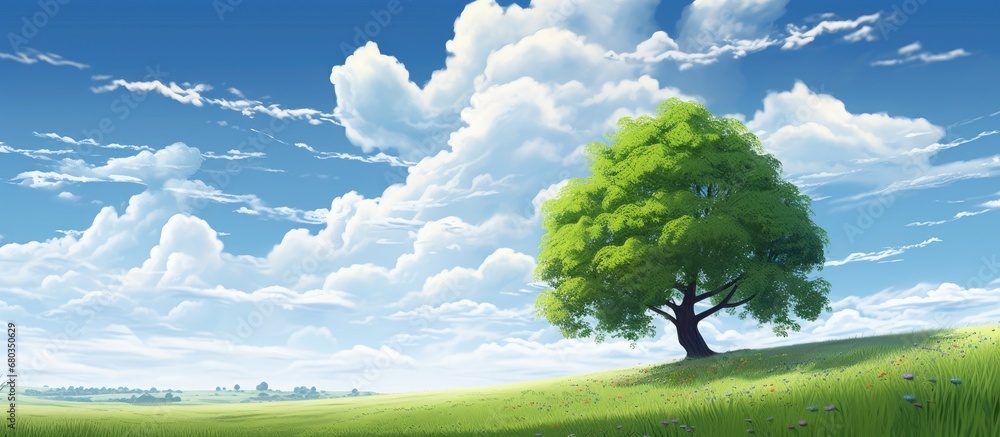 beautiful summer landscape, a lush green tree stands tall against a backdrop of clear blue sky, as the light from the sun reveals a picturesque scene of vibrant grass and blooming flowers, creating a