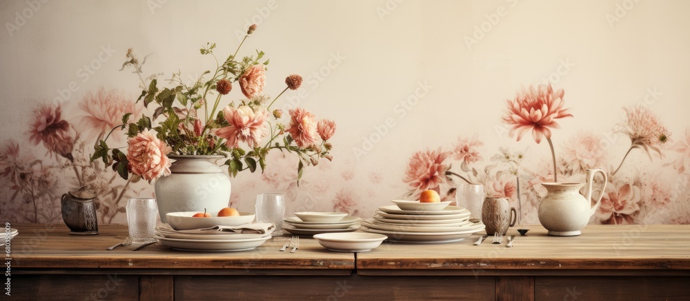 vintage-inspired room, a white floral wallpaper adorned the wall, creating a picturesque background for the summer table set with beautiful flowers from the garden, bringing a touch of nature and a