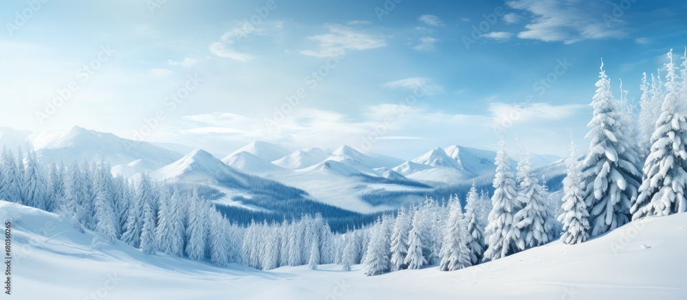 In winter, the snowy white landscape provides a stunning backdrop for outdoor sports mountains, where the sky meets the towering trees of the forest, creating a breathtaking nature-filled travel