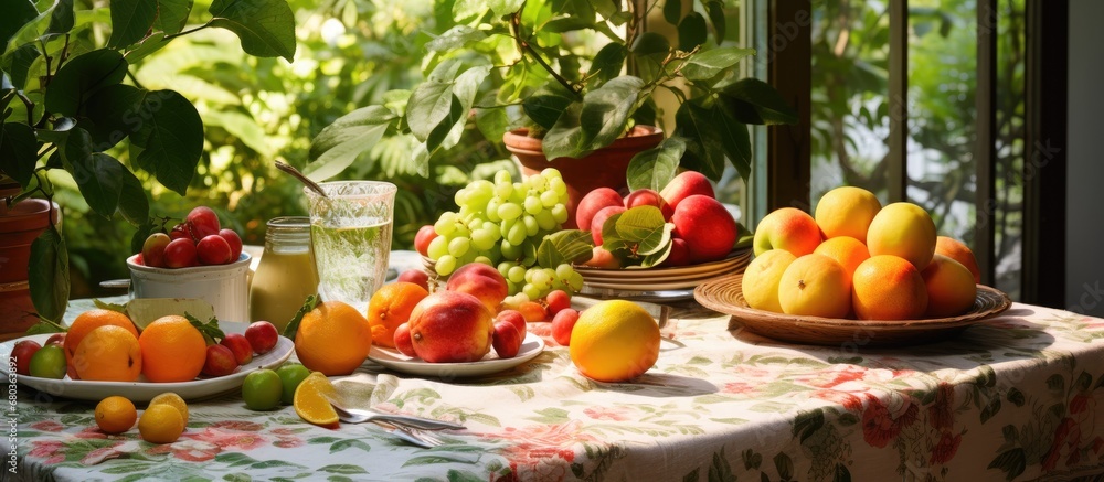 In the kitchen, a vibrant summer table adorned with a leaf-patterned tablecloth showcases an array of colorful fruits - green apples, juicy oranges, and ripe strawberries. A refreshing glass of lemon