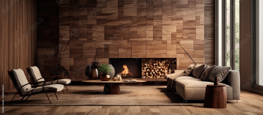 Intrigued by the abstract collage of natural textures, the designer meticulously picked a wooden wallpaper to adorn the interior wall, effortlessly blending the old-world charm of timber with the
