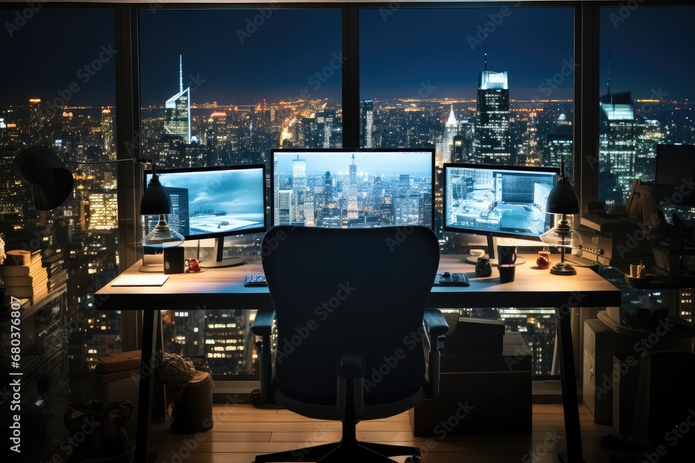 Laptop on office desk in a modern dark office room at night.