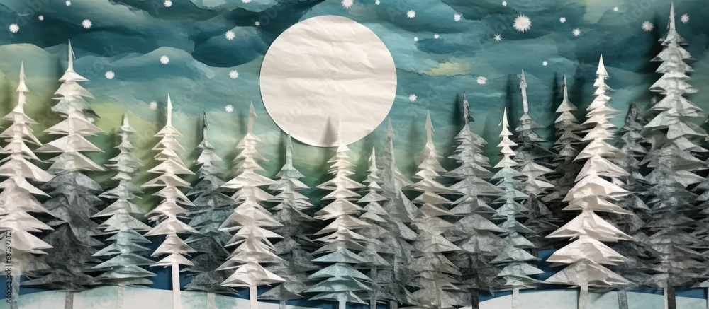During Christmas, the child used paper and paint to create a beautiful winter-themed art piece, featuring a snowy forest with green trees under a white sky, showcasing the gift of natures design.
