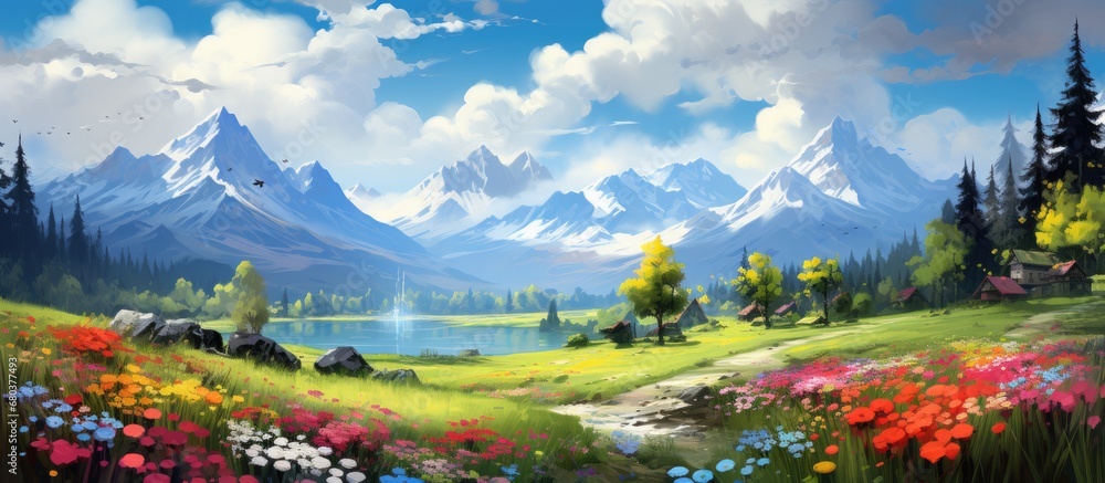 The floral beauty of the garden, with its vibrant flowers and lush grass, complemented the stunning landscape backdrop of snow-covered mountains under the bright spring sun, creating an artful design