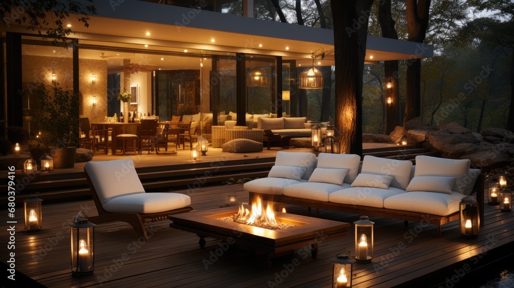 Outside living area with Beautiful lighting, Outdoor.