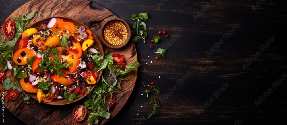 In the midst of a vibrant summer, an abstract concept of health takes shape on a wooden plate, with a textured plant-based dish bursting with black and orange colors, blending natures essence with