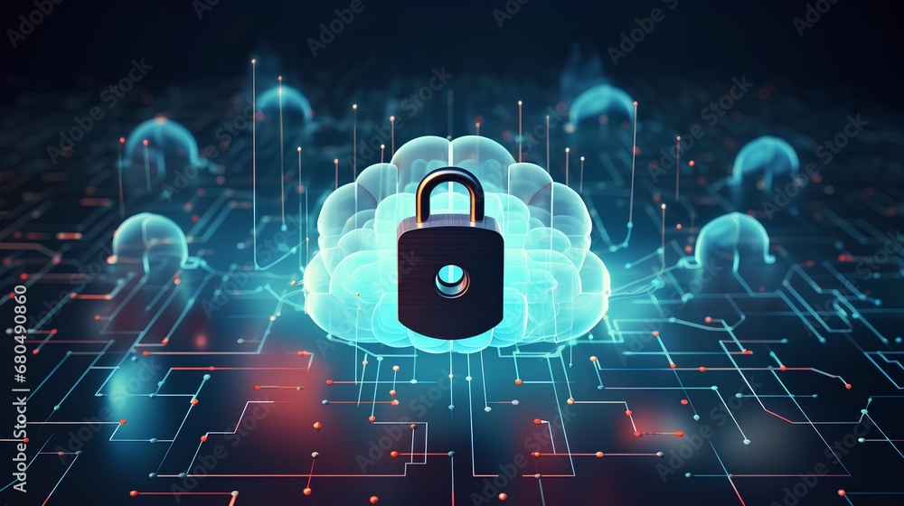 A digital illustration showcasing the concept of cybersecurity for cloud networking, emphasizing secure data upload and protection against cyber threats.