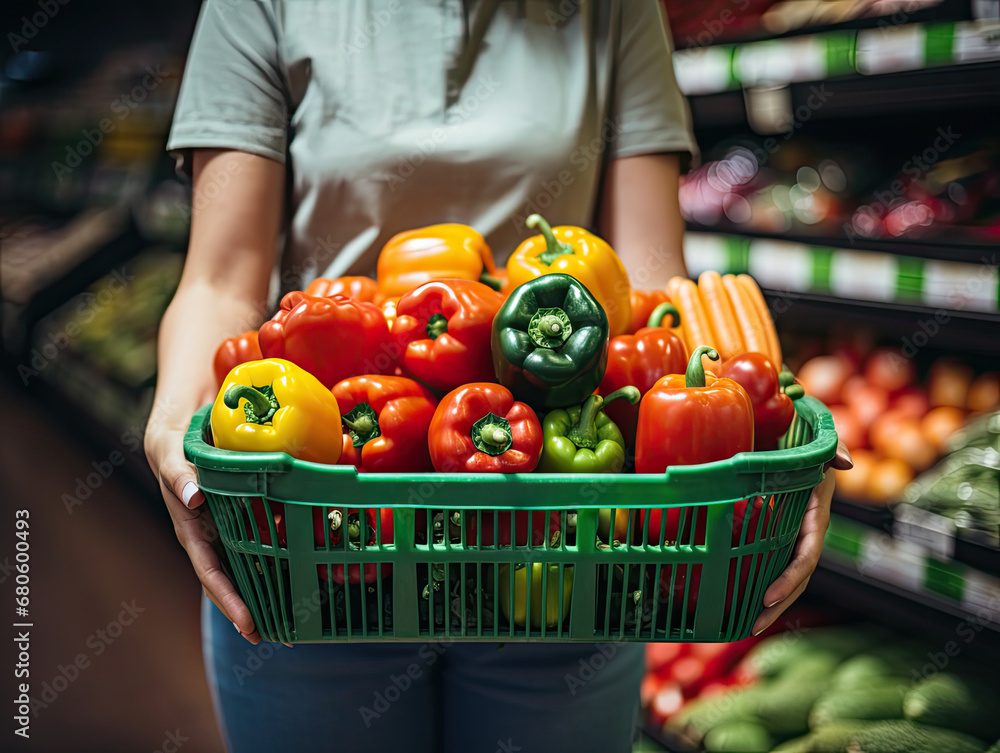 vegetables in a supermarket, basket with vegetables, Close up of Womans hand holds a grocery vegetables basket on market background