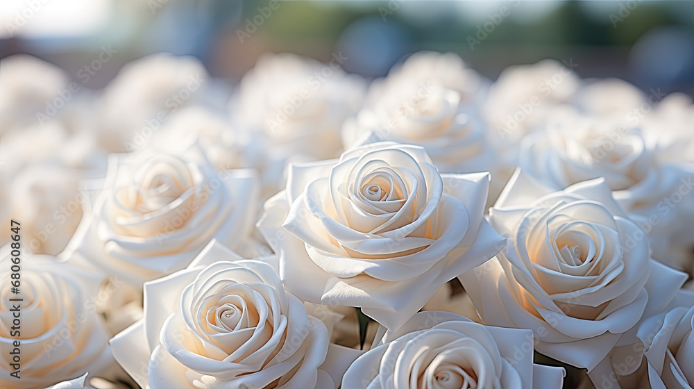 Close up of white rose. Flower background in soft color and blur style. Macro photo of fresh rose.
