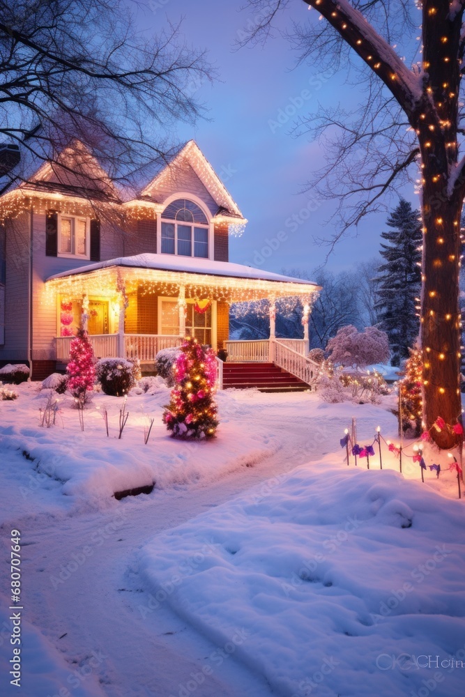 the beauty of Christmas lights at night. The house is decorated with colorful lights