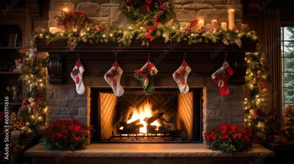 a beautifully decorated fireplace mantel with stockings, garlands, and candles