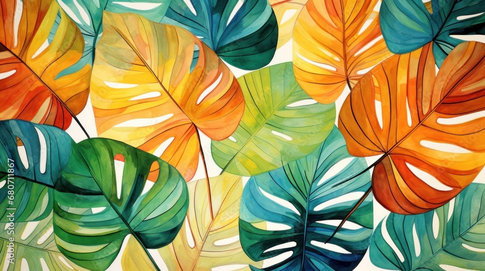 a bold and tropical illustration featuring watercolor leaves in shades of green
