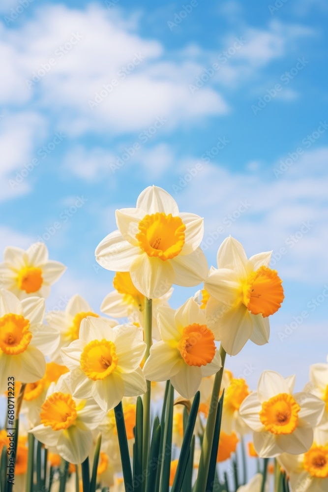 A close-up shot of a bunch of daffodils with a blurred background of blue skies and white clouds