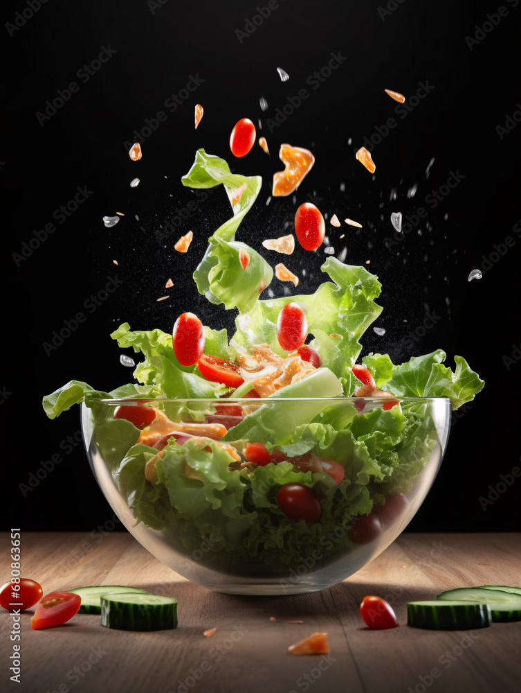 Glass bowl filled with salad display on wooden table. Created with Generative AI technology