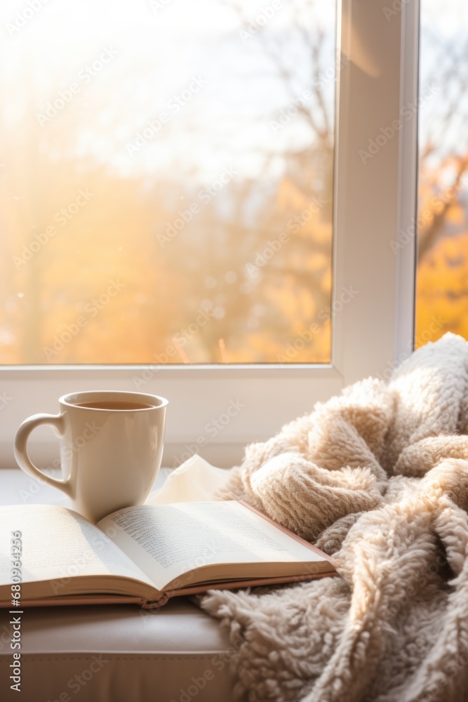 A cozy scene of a mug of coffee and a book on a cream-colored blanket, with a window showing