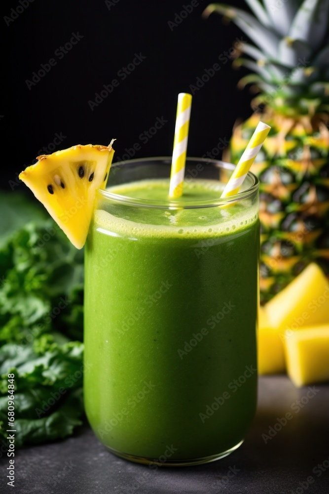 A close-up of a green smoothie in a clear glass with a straw