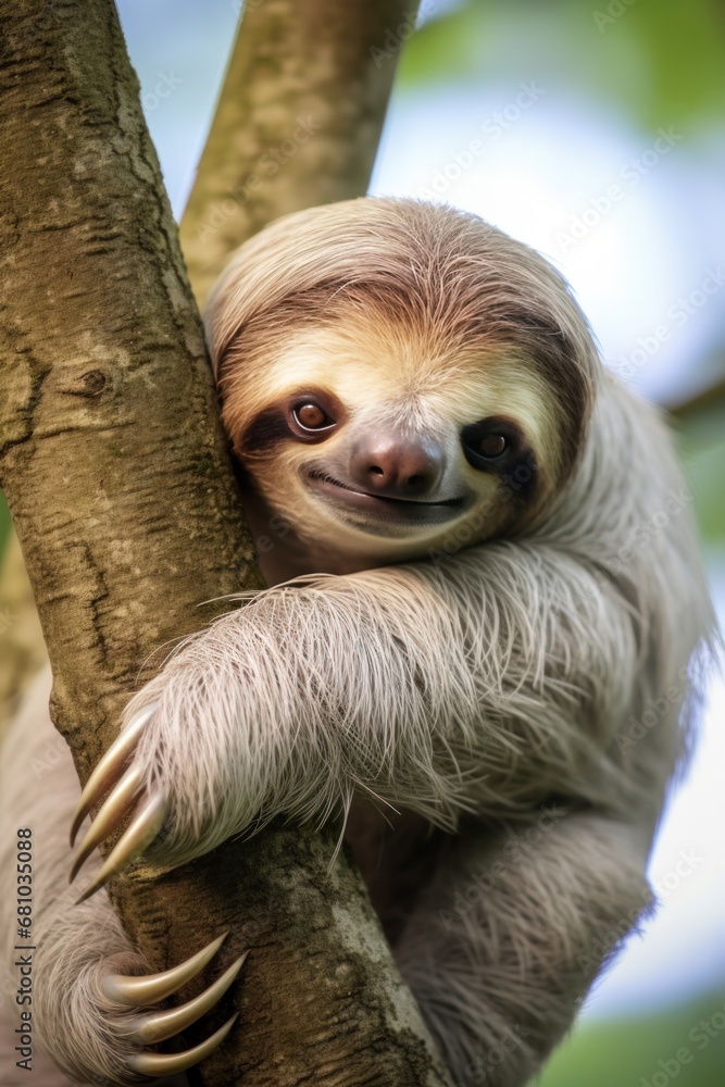 A sleepy sloth hanging upside down on a tree branch