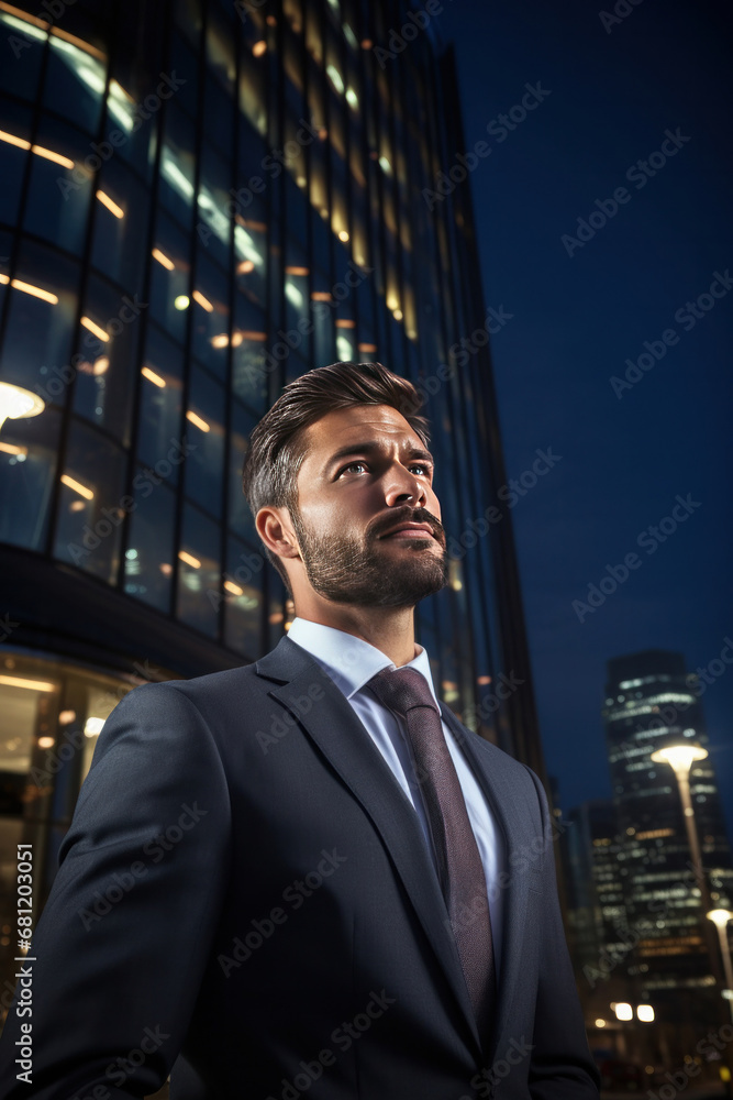 A happy professional business man looking city building.