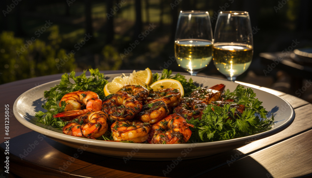Grilled seafood meal on plate, freshness and gourmet outdoors generated by AI