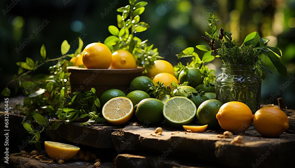Fresh citrus fruits on a wooden table, nature healthy refreshment generated by AI