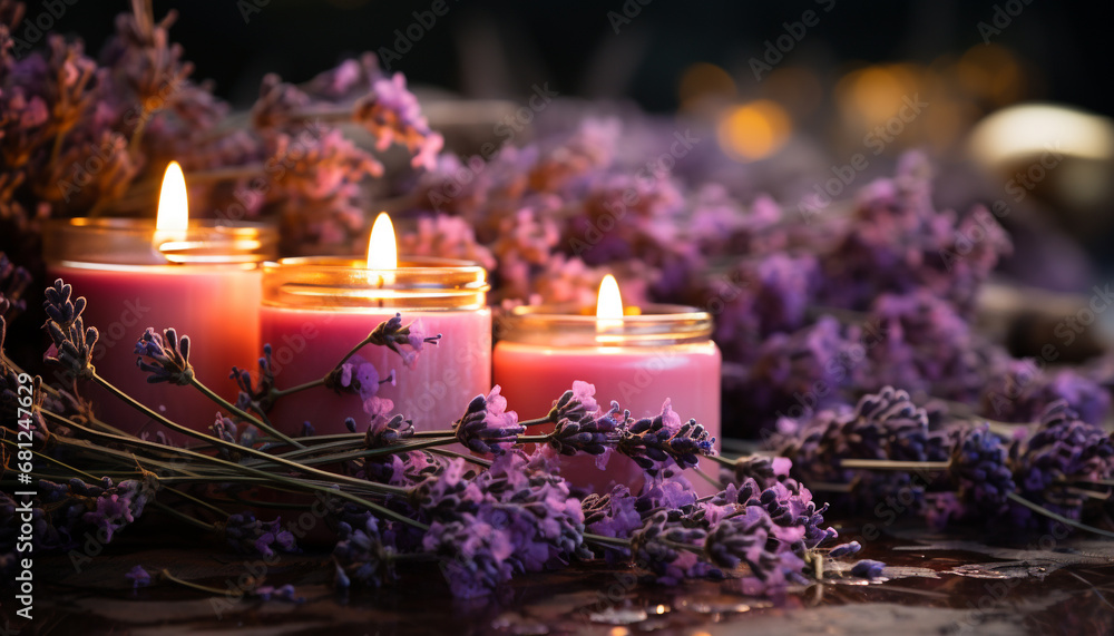 Aromatherapy candle burning, relaxation in nature purple flame generated by AI