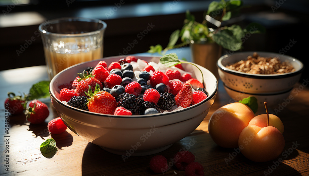 Freshness in a bowl organic, gourmet berries on wood generated by AI
